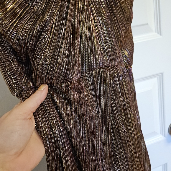 Adrianna Papell Metallic Bronze Halter Pleated Midi Dress - Picture 4 of 8